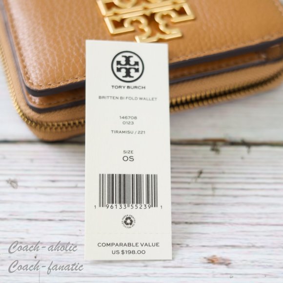 NWT Tory Burch Britten Bifold Logo Zip Coin Leather Wallet in Tiramisu - Picture 6 of 7